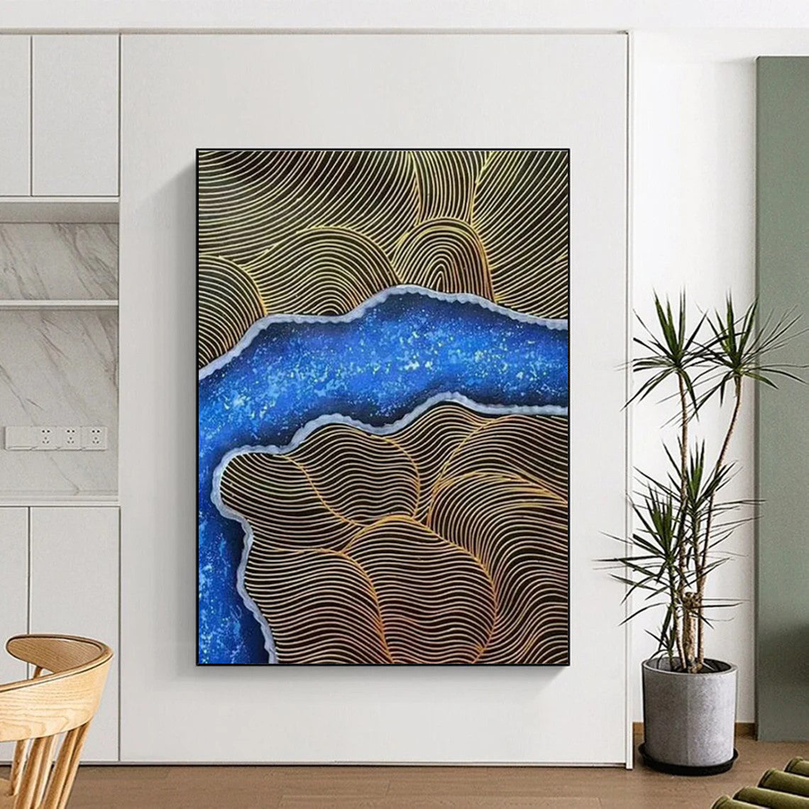 Gold - Line & Blue - Pattern Abstract Art for Luxury Hotel Lobby & Bohemian Bedroom DLZ1352