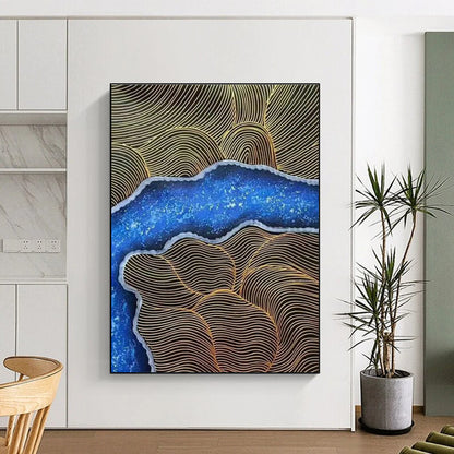 Gold - Line & Blue - Pattern Abstract Art for Luxury Hotel Lobby & Bohemian Bedroom DLZ1352