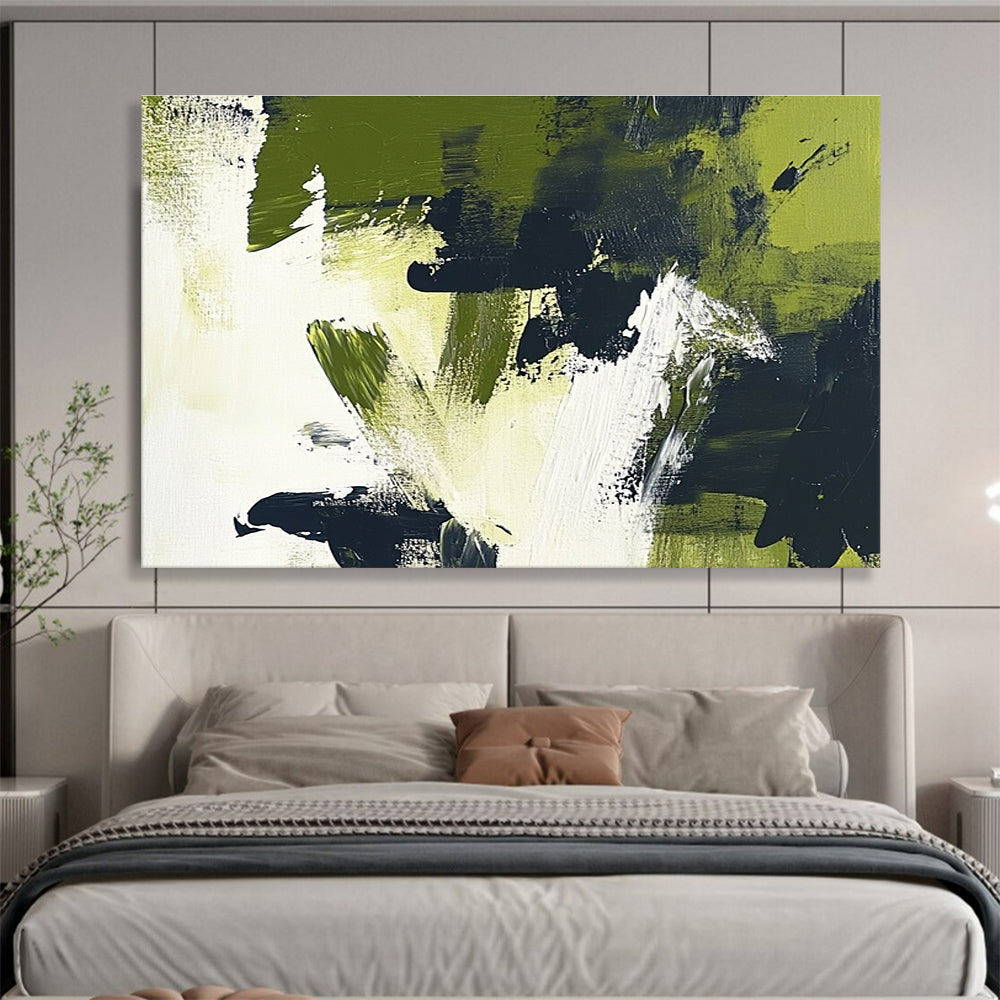 Green - Black Abstract Brushstrokes Art for Eco - Friendly Café & Modern Garden - Themed Office SC248