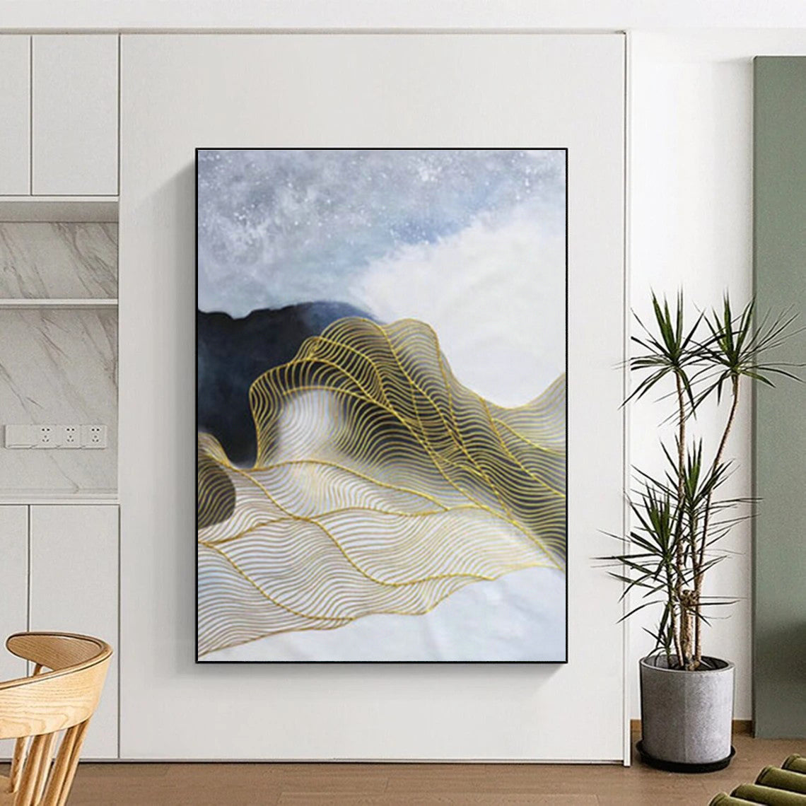 White - Blue with Gold Waves Abstract for Spa & Luxury Home DLZ0574