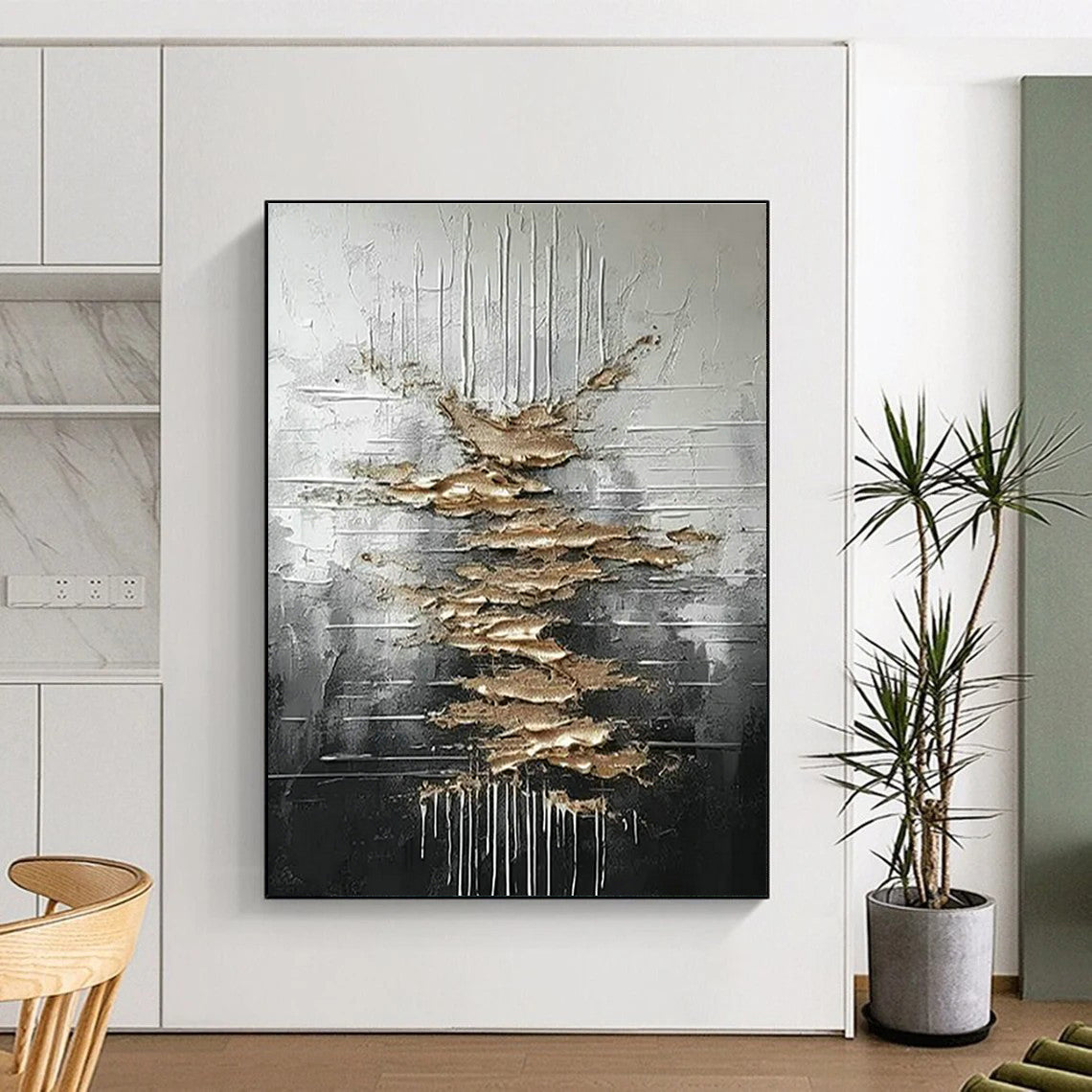 Silver - Gold Textured Abstract Art for Industrial Loft & Art Gallery Exhibition DLZ1751